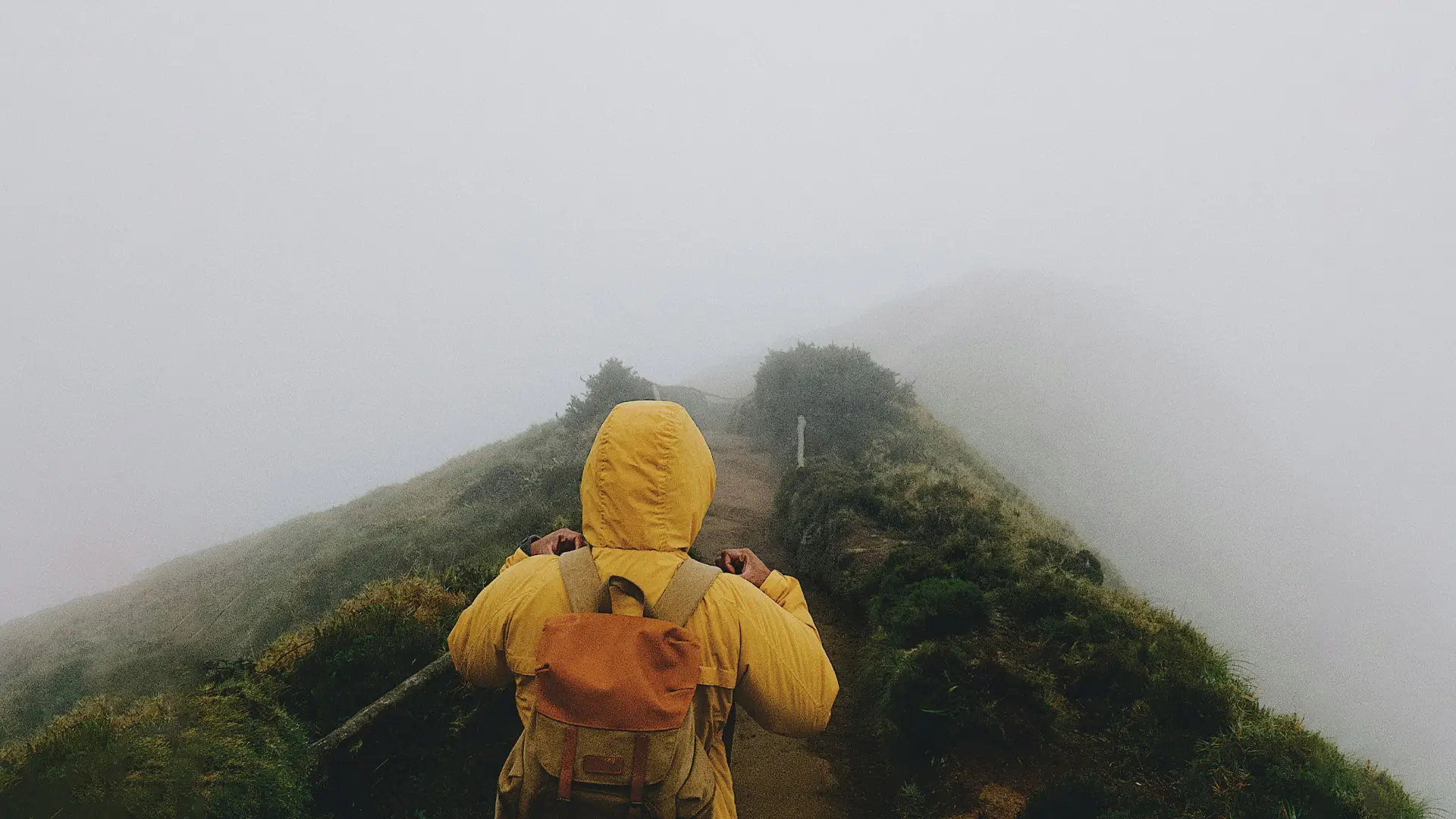 Person in yellow rain jacket walking down foggy trail