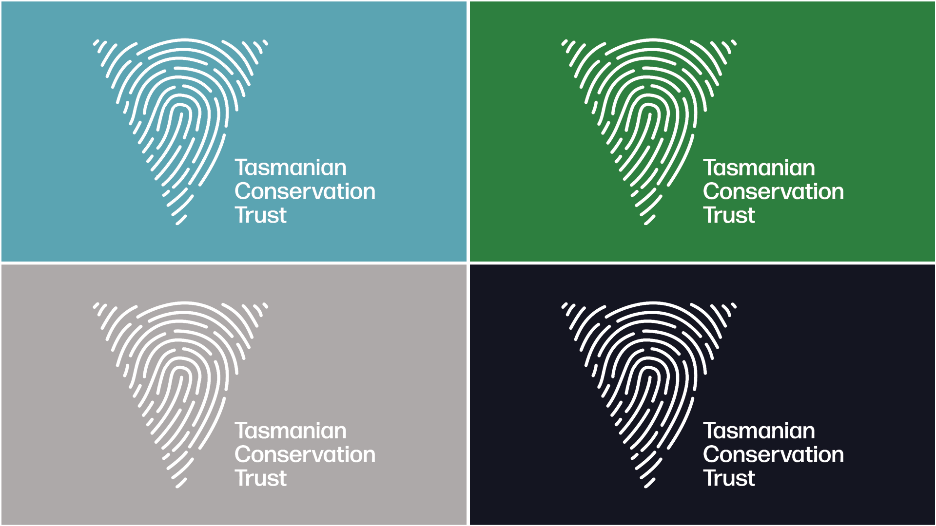 Tasmanian Conservation Trust logo displayed in a grid of colour variations