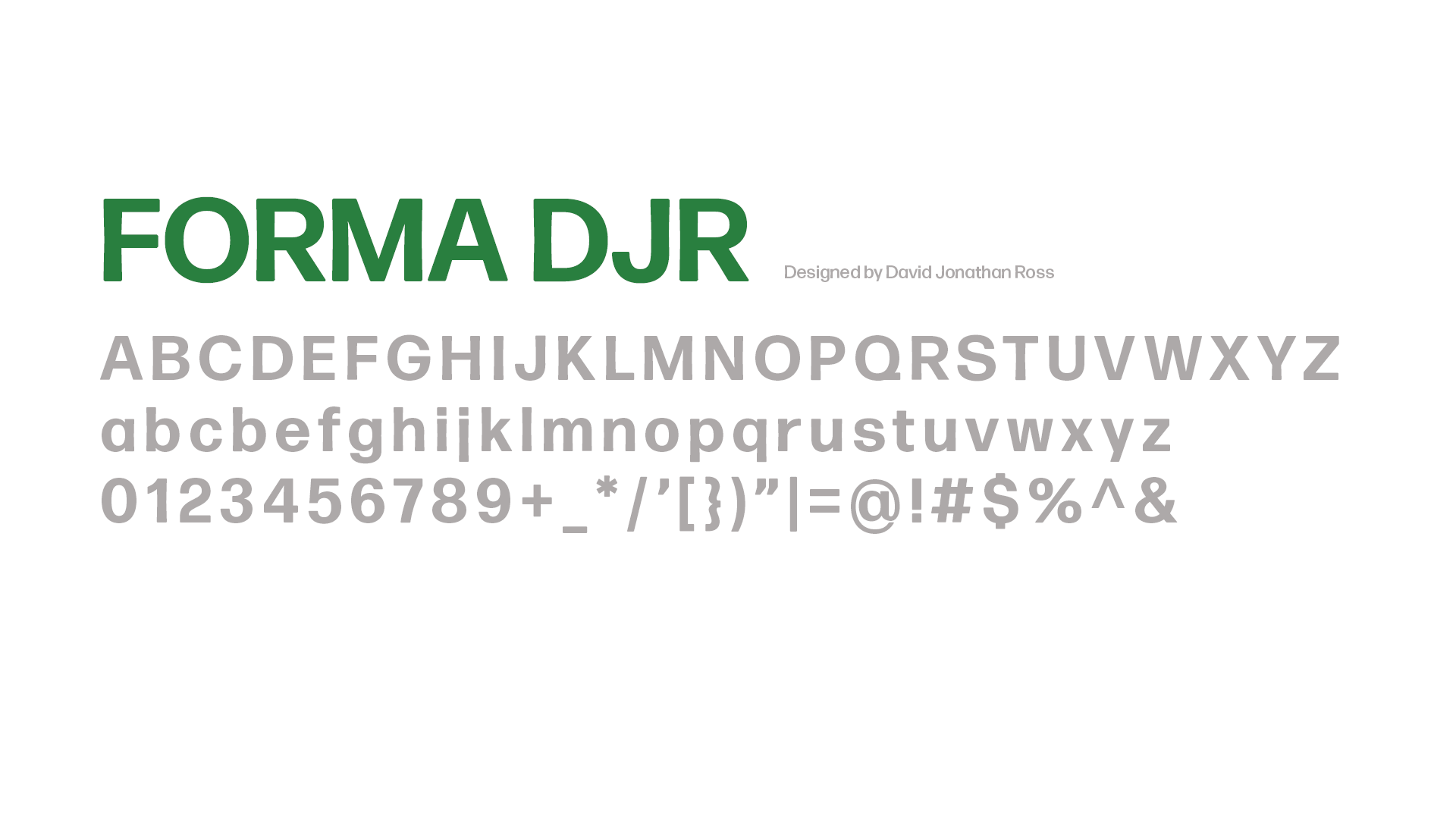 Forma DJR typeface displayed from A -Z and 0 - 9